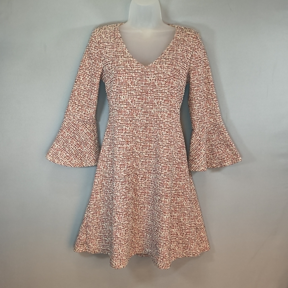 Maeve Susie Swing Tweed Red/White Bell Sleeve Short Dress, Size XS